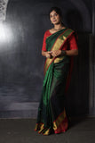 Mangalgiri  Handwoven  Pure Silk Saree with Zari Border,  Bottle Green - Maroon, SS1008