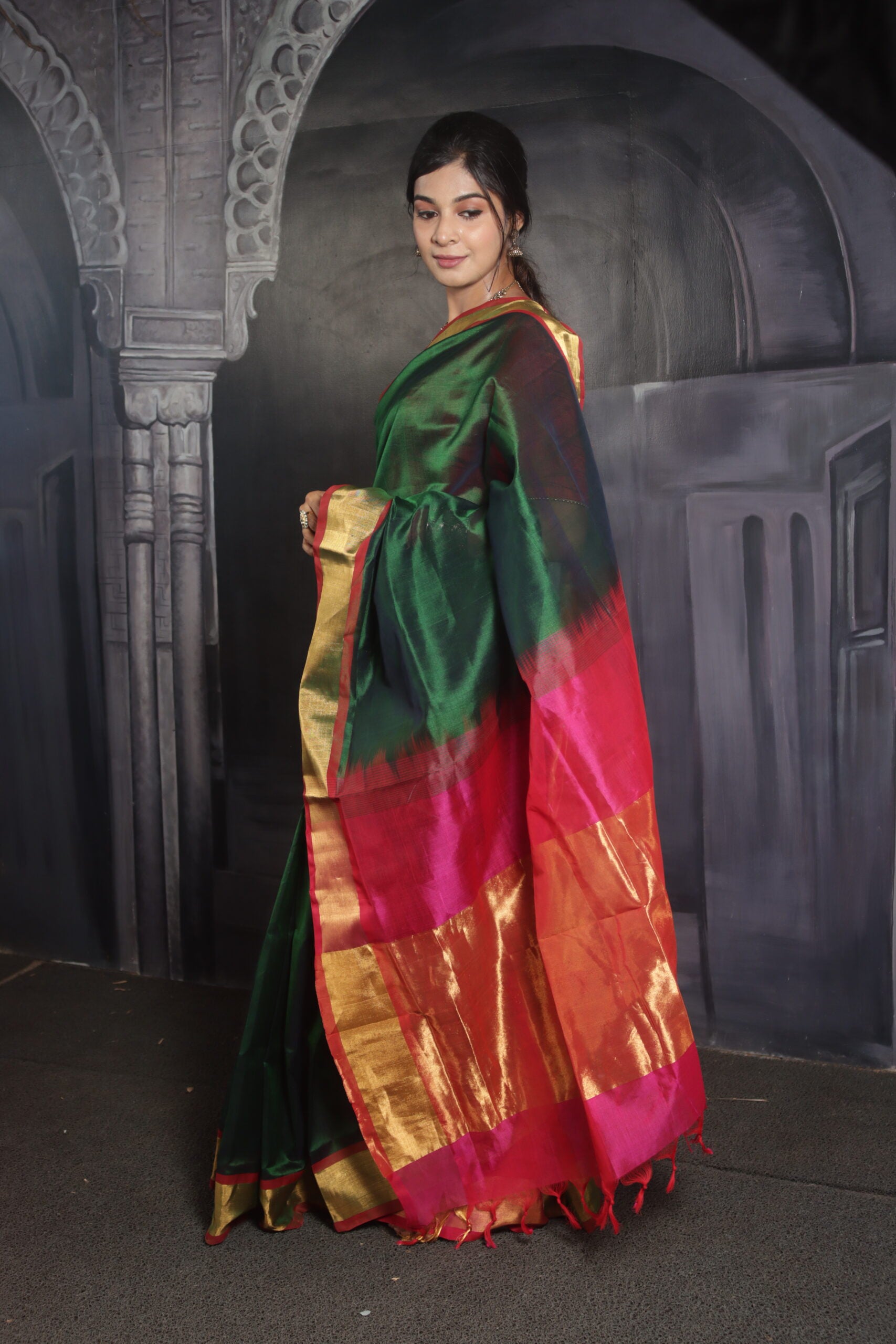 Red & Emerald Green Silk Saree – Maharani