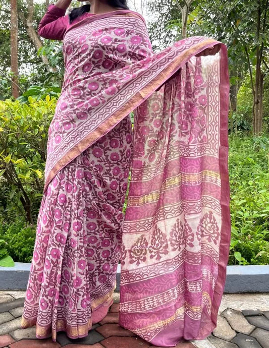 Maheswari Silk Cotton Bagru Printed Saree With Zari Border, Pink, SS1012