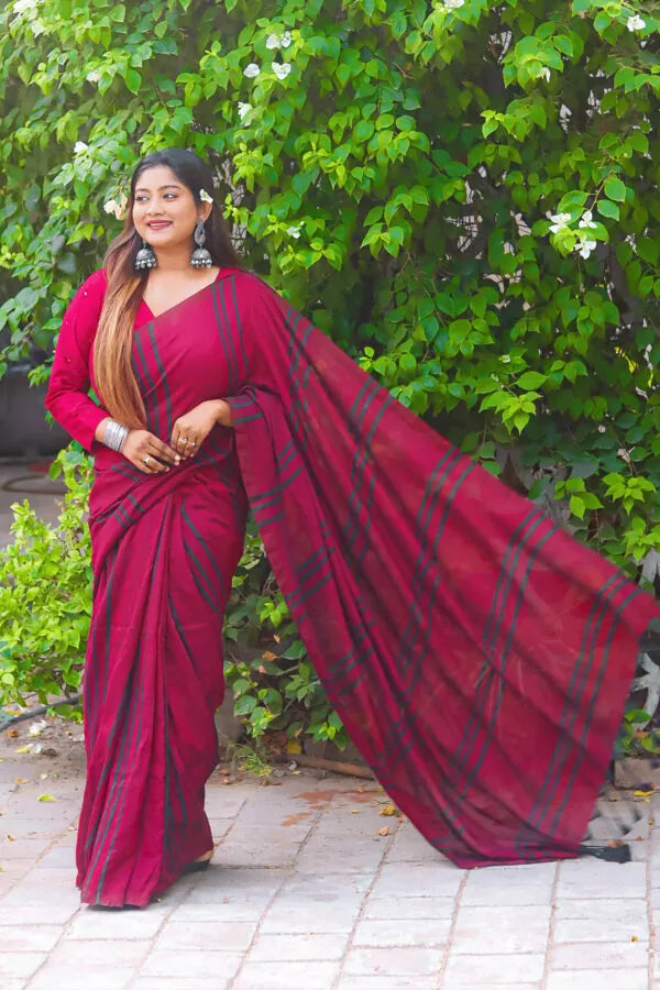 Maroon Linen All Body Zari Stripe Handloom Saree | Handloom saree, Blouse  piece, Saree