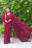 Handloom  Mulmul Cotton Striped Saree with Tassles, Maroon, SR1011