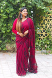 Handloom  Mulmul Cotton Striped Saree with Tassles, Maroon, SR1011