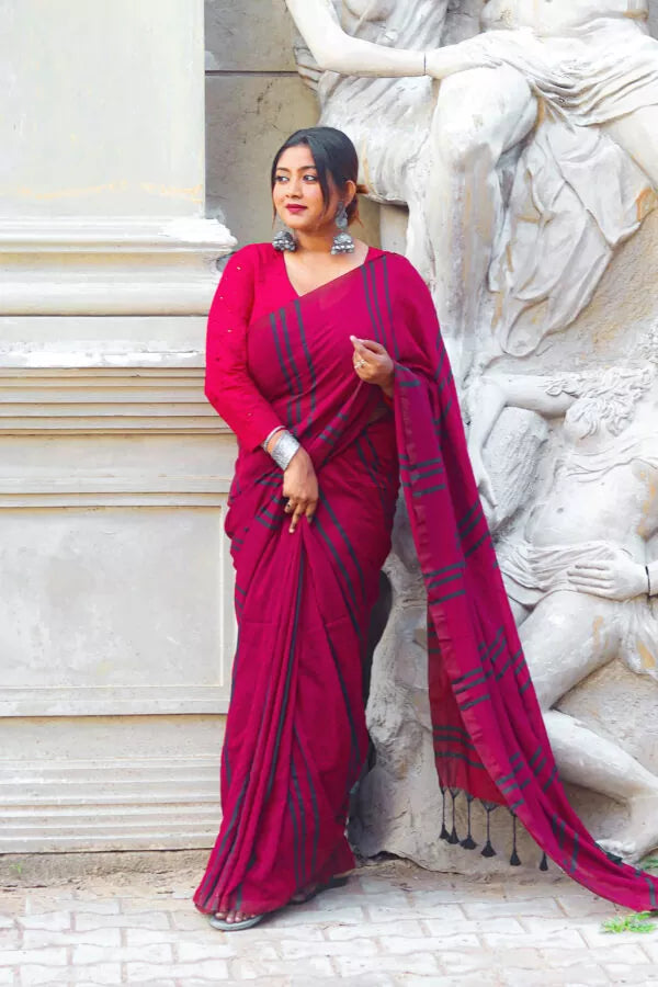 Handloom  Mulmul Cotton Striped Saree with Tassles, Maroon, SR1011