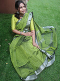 Mangalgiri  Handwoven  Pure Silk Saree with Silver Zari Checks & Border,  Olive Green, SS1010