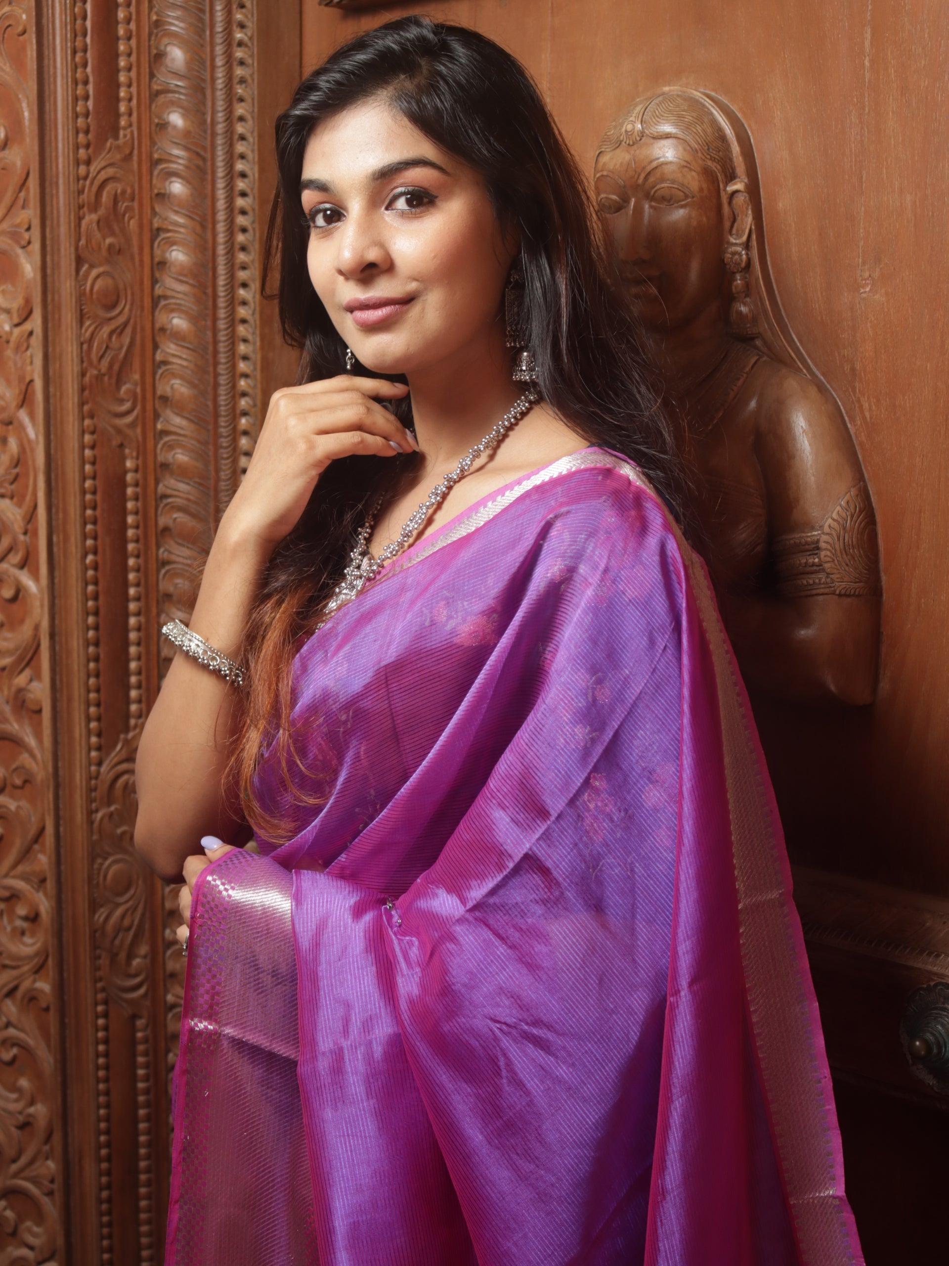 PURE LAVENDER COLOR SATIN SAREE WITH PALLU FLOWER ATTACH AND BORDER LACE