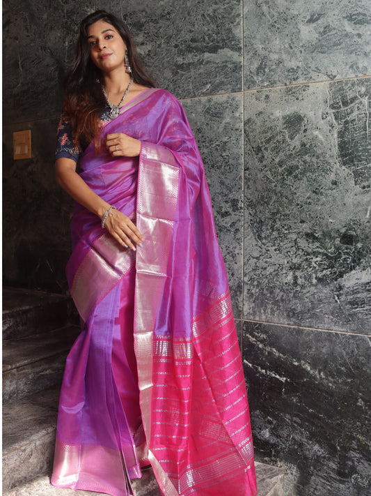 Mangalgiri  Handwoven  Pure Silk Saree with Silver Zari Border,  Lavendar - Pink, SS1009