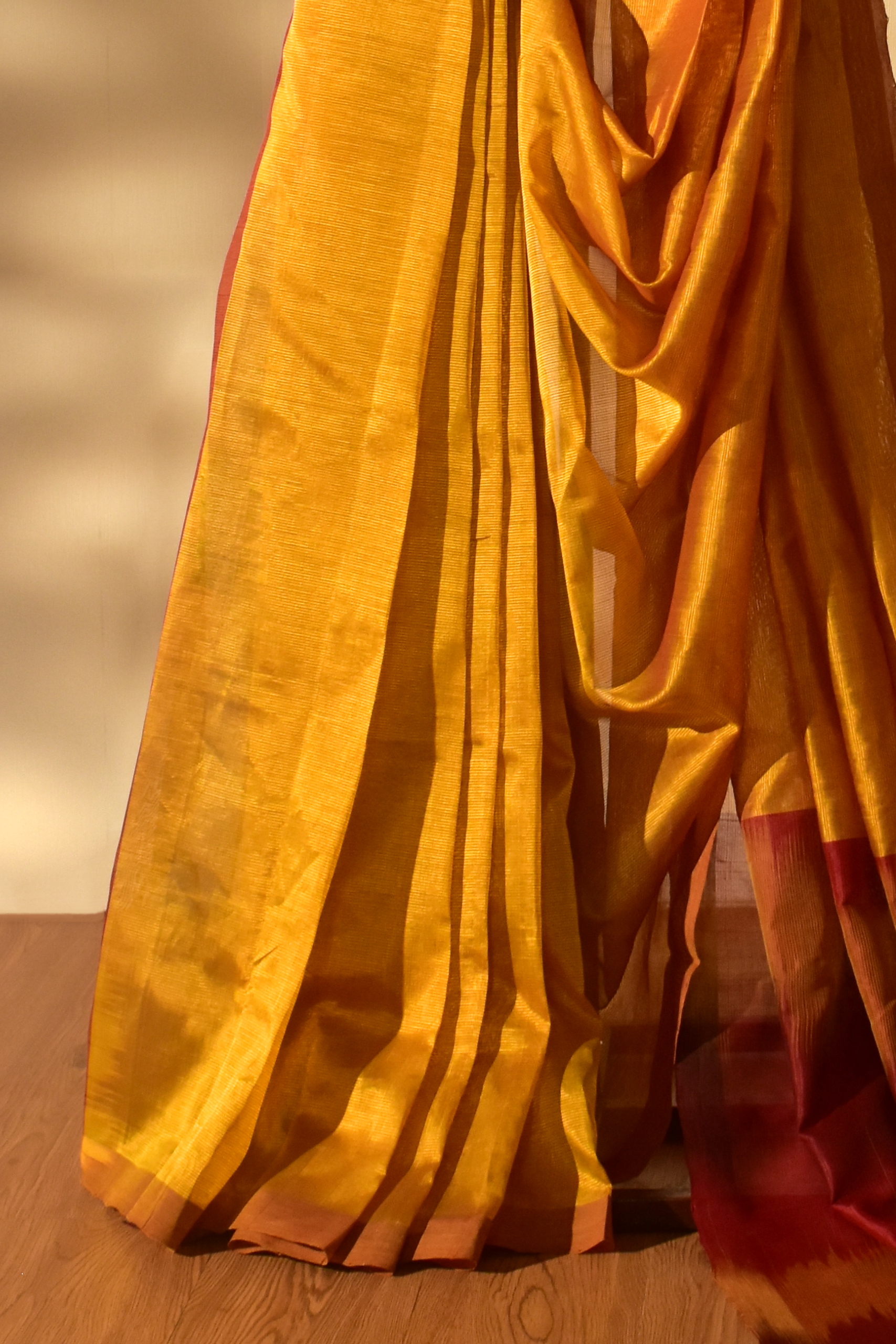 Marigold Yellow with Ikkat Pallu Cotton Saree in Mangalgiri Handwoven Silk, SS1026