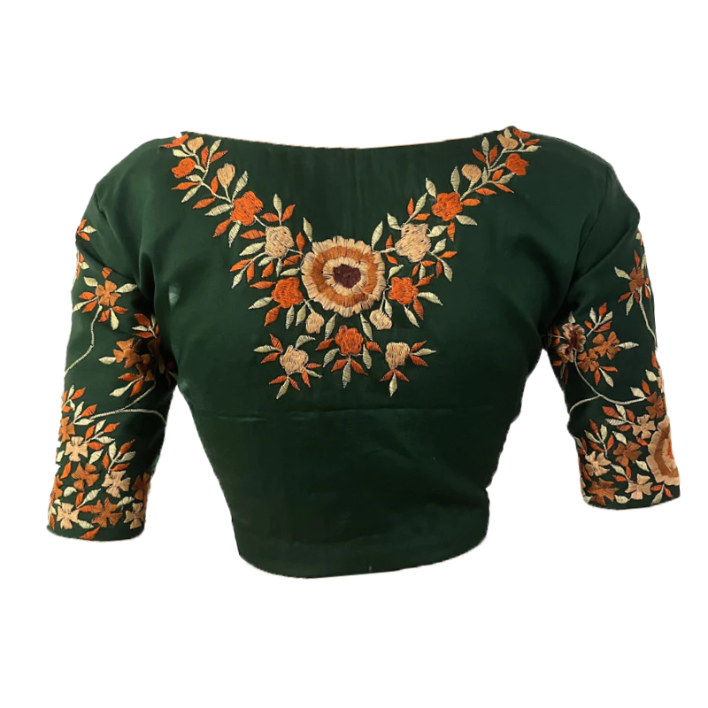 Embroidered  Cotton Silk V neck Blouse with  Lining,  Bottle Green, BW1142