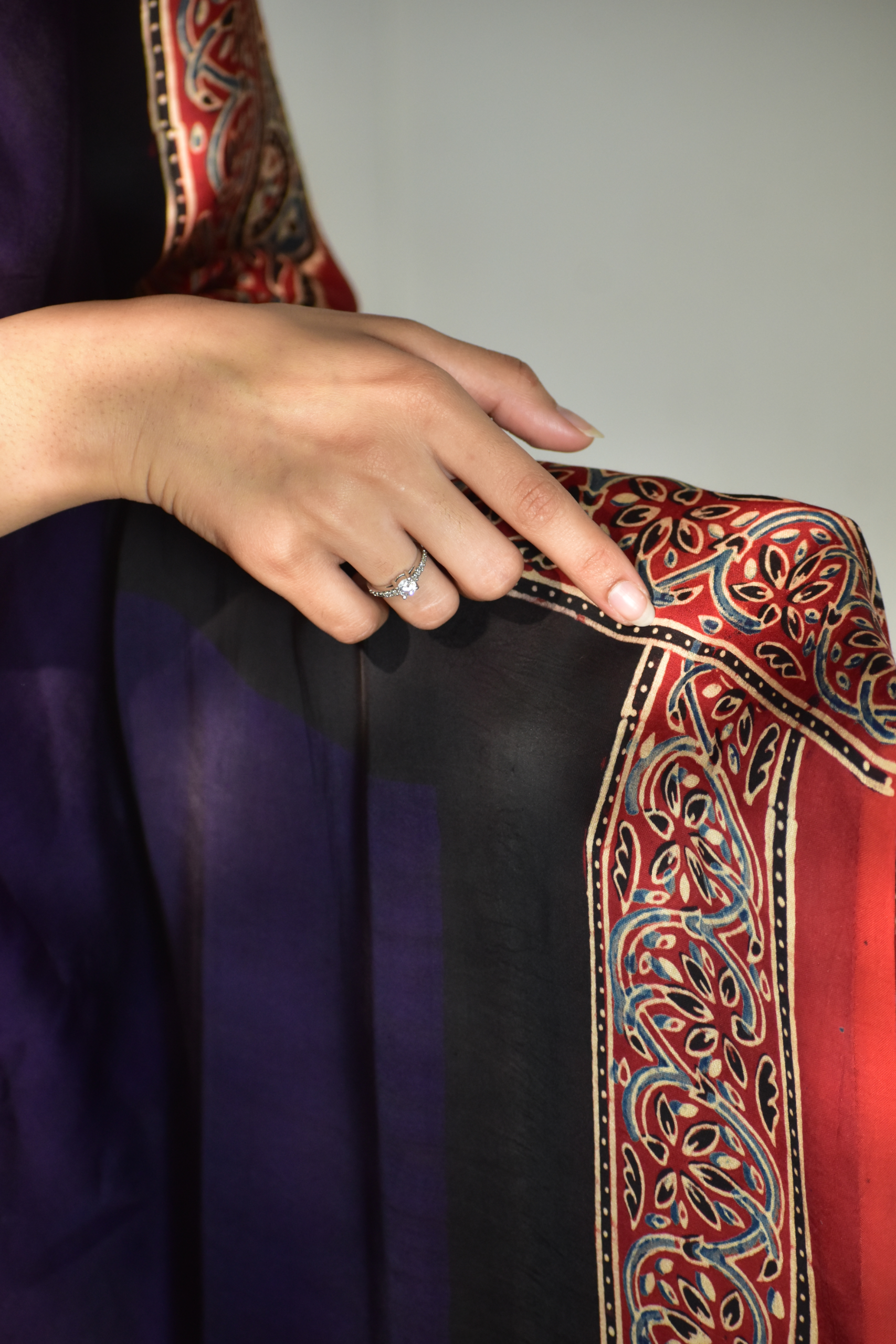 Plum Purple & Ruby Red Modal Silk Saree with Plain body, Ajrakh border Pallu & Blouse Piece, SS1019