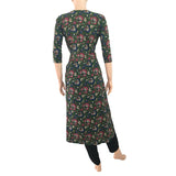 Kalamkari Cotton Roundneck Straight cut Kurta with Potli Button Details, Green, KK1054